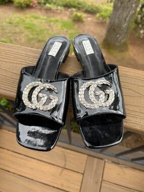 Black Patent Leather Mule Slides